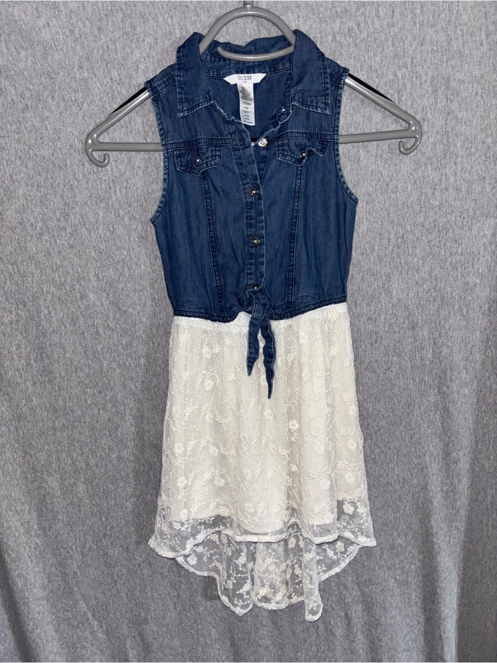 Guess Kids Denim & Lace Sleeveless Dress Blue and White